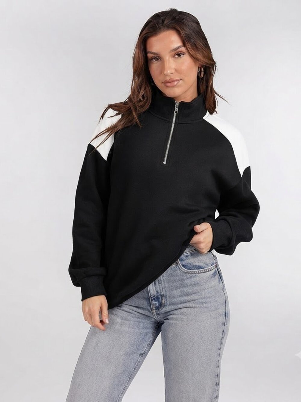 Black Quarter Zip Sweatshirt Pullover Fleece Collared Sweatshirt Size L